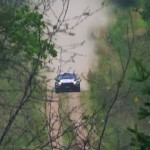 Une Ford Fiesta R5 vue de haut à travers les arbres